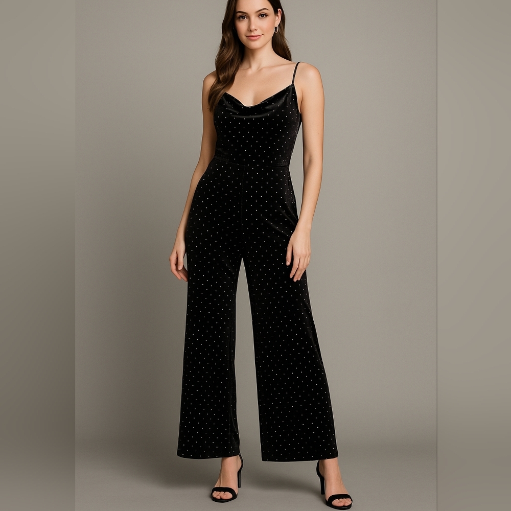 ✨ Love, Fire Black Velvet Studded Wide Leg Jumpsuit –‎ Size XL ✨